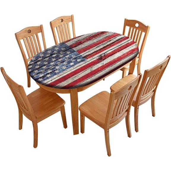 Oval USA Flag Tablecloth, Old Painted American Flag on Dark Wooden Fence Stain Resistant Table Cloths, Elastic Fitted Table Covers for Dining Outdoor Camping Patio, Fits Tables up to 48" W x 68" L