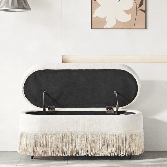 Oval Upholstered Storage Ottoman with Fringe Trim & Lift-Top Lid - 39"L x 16"W x 17"H, Multi-Functional Footrest with Hidden Storage for Living Room or Bedroom, Beige Fabric with Metal Frame
