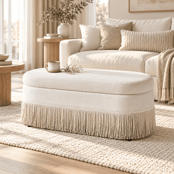 Storage Ottoman Bench, 39.4-Inch Oval Ottoman with Storage, Lift-Top Upholstered Footrest with Fringe for End of Bed, Bedroom, Living Room and Entryway, Beige, 250 lb Capacity