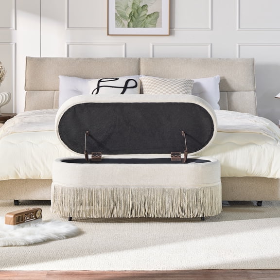 Oval Upholstered Storage Ottoman with Fringe Trim, Lift-Top Lid, Beige Fabric, Metal Frame, Multi-Functional Footrest and Hidden Storage for Living Room Bedroom, 39"L x 16"W x 17"H