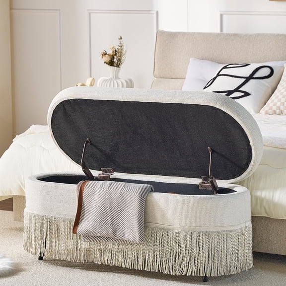 Beige Oval Storage Ottoman with Lift-Top Lid, Fringe Trim & Metal Legs - 39.37 in L