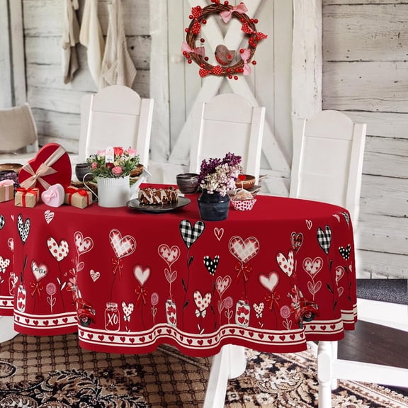 Oval Valentine''s Day Tablecloth 60x84 Inch, Valentine''s Day Tablecloth Polyester Waterproof Table Cloth, Love Heart Candy Valentine''s Day Wedding Decoration Red