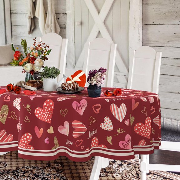 Oval Valentines Tablecloths 60x84inch,Oval Valentine''s Day Tablecloth 60x84 Inch,Valentine''s Day Tablecloth Polyester Waterproof Tablecloth, Love Heart Valentine''s Day Wedding Decoration Red