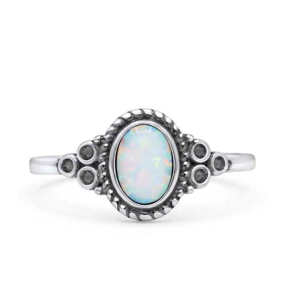 Oval Vintage Fashion Ring Lab Created White Opal Oxidized 925 Sterling Silver Size 8