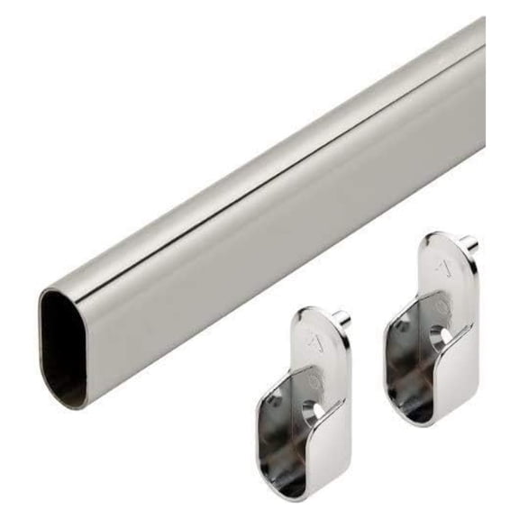 Oval Wardrobe Tube Polished Chrome Closet Rod W/End Supports, Welded Steel, 1.0mm Thick Chrome-Plated (1, 36")