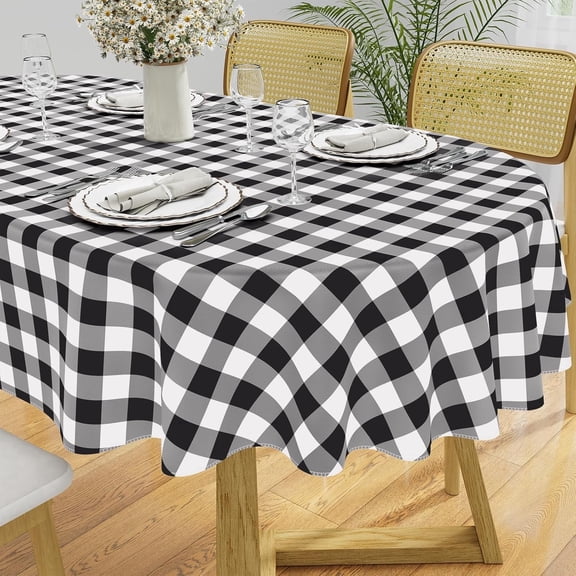 Oval Waterproof Vinyl Table Cloth, Buffalo Polyester Fiber Tablecloth, Wipeable Plastic Table Cover for Dinner, Kitchen, Outdoor (60" x 84", Black and White)