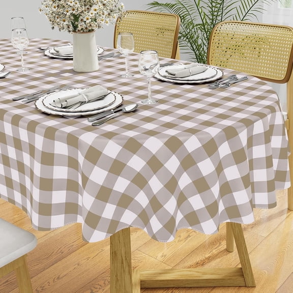 Oval Waterproof Vinyl Table Cloth, Buffalo Flannel Backed Tablecloth, Wipeable Plastic Table Cover for Fall, Thanksgiving (60" x 84", Khaki and White)
