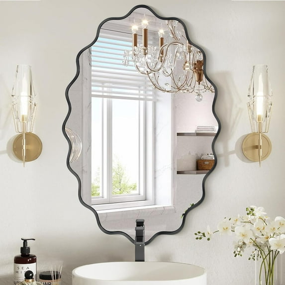 Oval Wavy Mirror - Irregular Wall Mirror 22"x30" Black Asymmetrical Mirror Aviation Aluminum Alloy Frame for Bathroom, Bedroom, Living Room, Cloakroom, Entryway