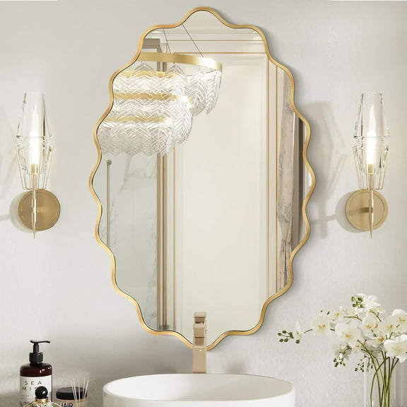 Oval Wavy Mirror - Irregular Wall Mirror 22"x30" Gold Asymmetrical Mirror Aviation Aluminum Alloy Frame for Bathroom, Bedroom, Living Room, Cloakroom, Entryway