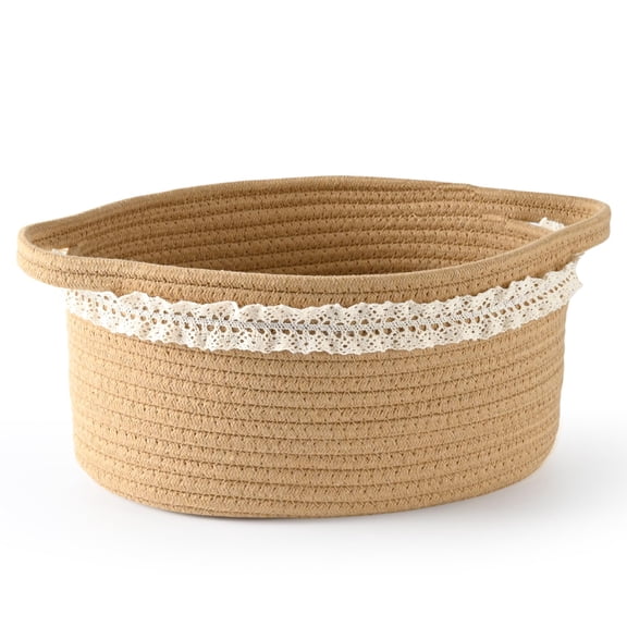 Oval White Cotton Rope Storage Basket with Built-in Side Handles, Coiled Woven Basket for Towels, Toys, Blankets, Bathroom & Bedroom Home Organization
