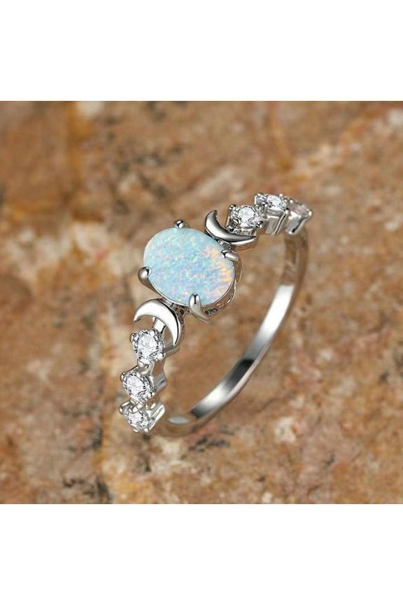 Womens Retro Ring with Oval White Opal Moon Electroplated Copper Geometric Diamond Studded Design Copper Ring for Women