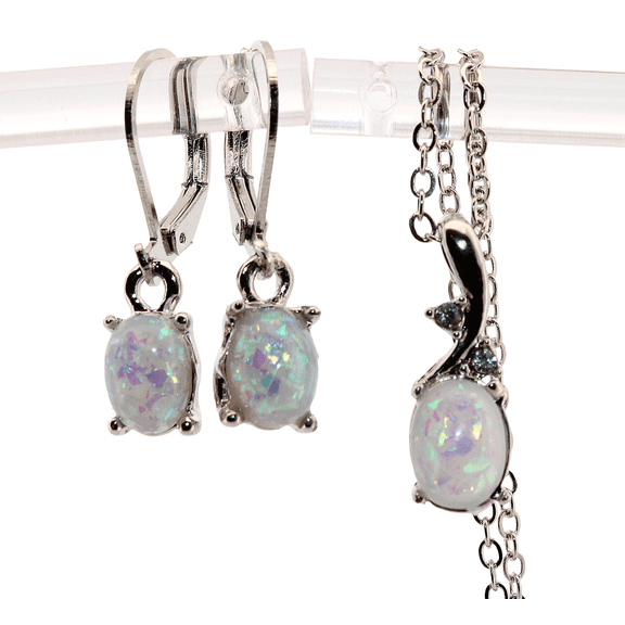 Oval White Opal Silver Earring/Necklace Set 243