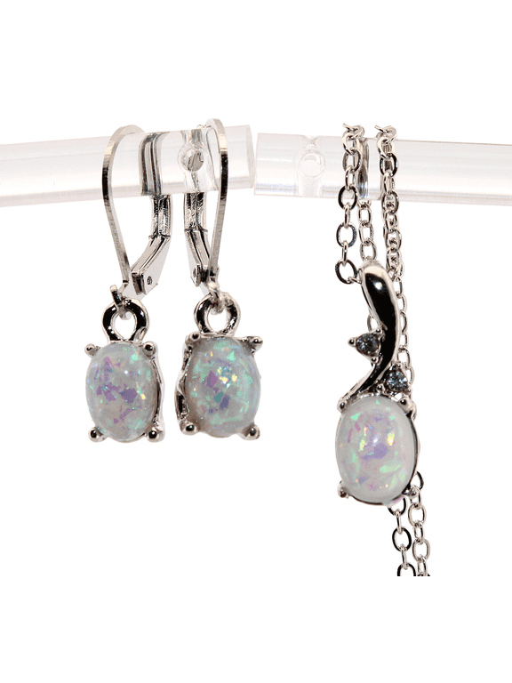 Oval White Opal Silver Earring/Necklace Set 243
