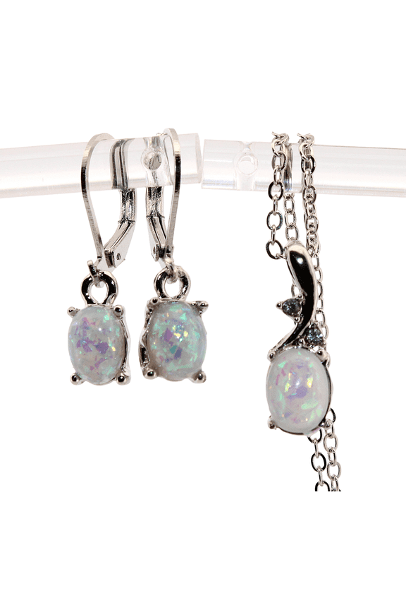 Oval White Opal Silver Earring/Necklace Set 243