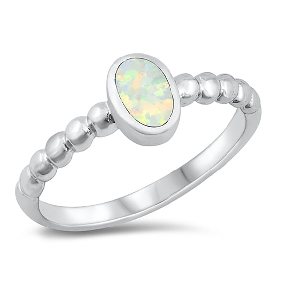 Oval White Simulated Opal Beaded Sides Ring Sterling Silver Size 5