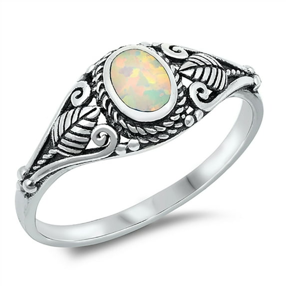 Oval White Simulated Opal Center Swirl Leaves Ring Sterling Silver Size 6