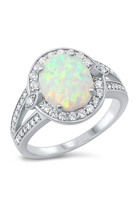 Oval White Simulated Opal Cubic Zirconia Cluster Split Shank Ring Sterling Silver Size 5