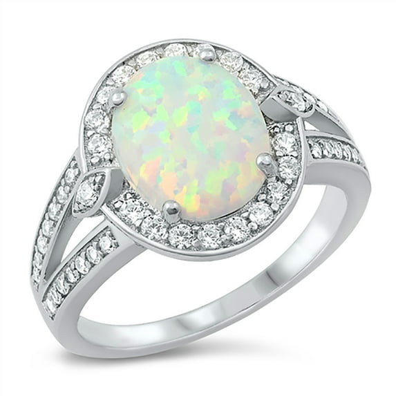 Oval White Simulated Opal Cubic Zirconia Cluster Split Shank Ring Sterling Silver Size 8