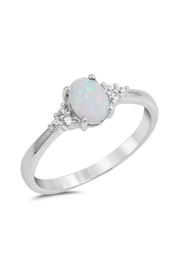 Oval White Simulated Opal Cubic Zirconia Ring Sterling Silver 925