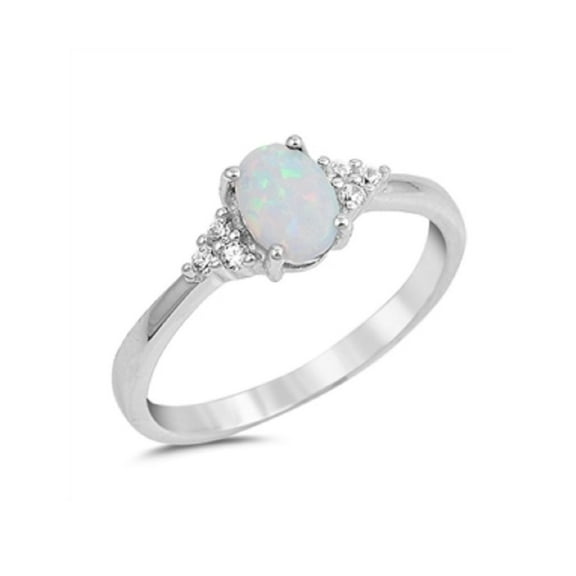 Oval White Simulated Opal Cubic Zirconia Ring Sterling Silver 925