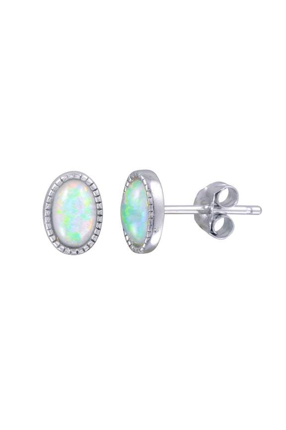 Oval White Simulated Opal Rounded Stud Earring Sterling Silver
