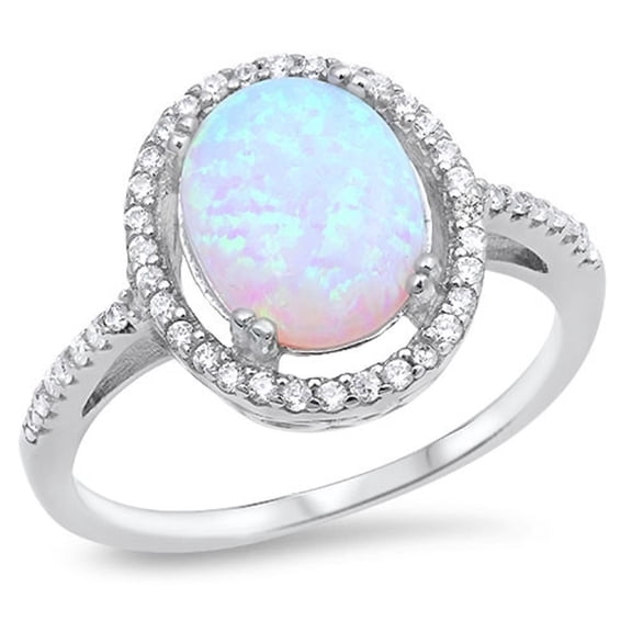 Oval White Simulated Opal Surrounded With Small Cubic Zirconia Stone Ring Sterling Silver Size 5