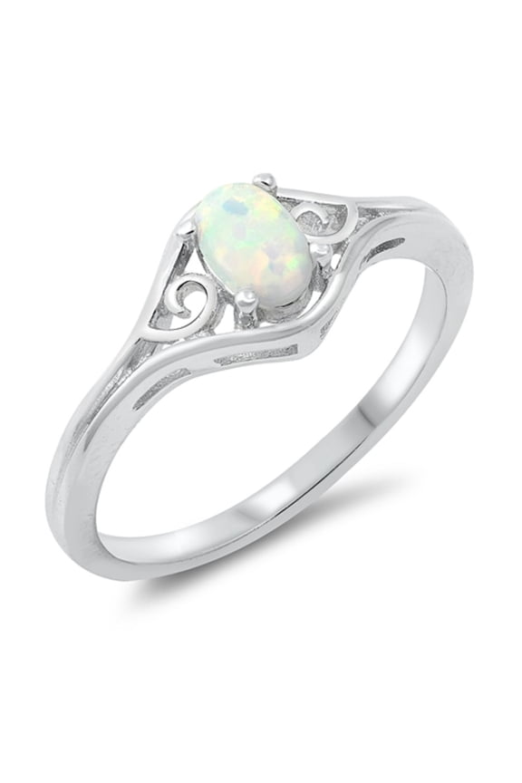 Oval White Simulated Opal Swirl Design Ring Sterling Silver Size 10