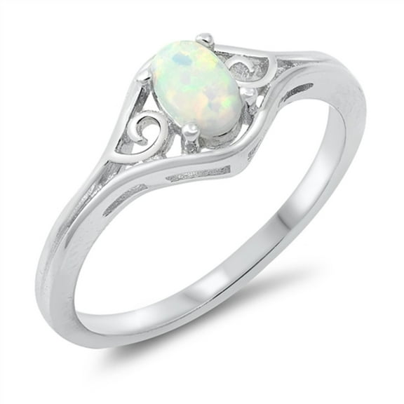 Oval White Simulated Opal Swirl Design Ring Sterling Silver Size 4