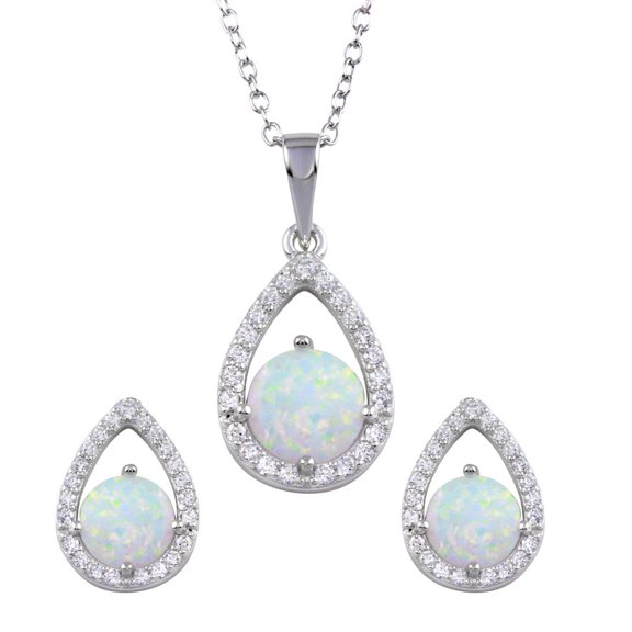 Oval White Synthetic Opal Clear CZ Pear Shape Matching Set Sterling Silver