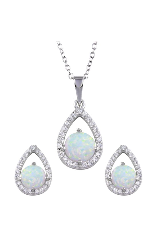 Oval White Synthetic Opal Clear CZ Pear Shape Matching Set Sterling Silver