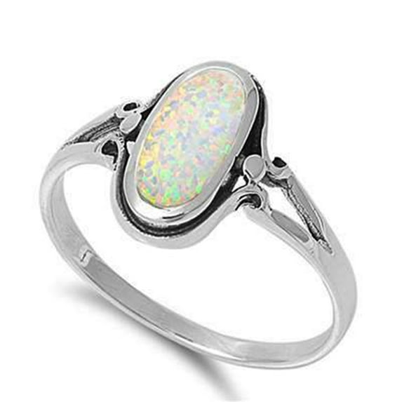 Oval White Synthetic Opal Unique Ring Sterling Silver Size 5