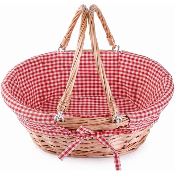 Oval Wicker Bread Basket, Handwoven Willow with Removable Liner, Folding Handles, 13 x 10 Inch - Fruit Basket for Kitchen Counter, Serving, Gifts and Decor - Red Gingham Lining - Vintiquewise