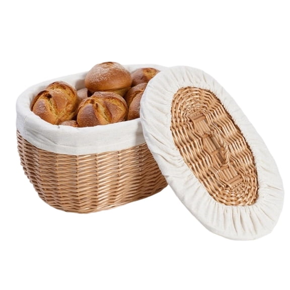 Oval Wicker Bread Basket with Lid and Removable Lining for Serving, Proofing, and Storage