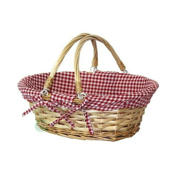 Oval Willow Basket with Double Drop Down Handles - Red Gingham