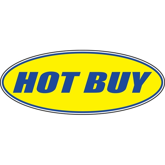 Oval Windshield Slogan Sticker - Blue/Yellow - "Hot Buy" - 14L x 5 1/2H - Pack of 12
