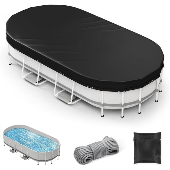 Oval Winter Pool Cover 9 x 18 FT, Upgraded 420D Heavy Duty Pool Covers for Above Ground Pool with Winch and Cable, All Season Inflatable Pool Cover for UV Resistant, Waterproof and Dustproof