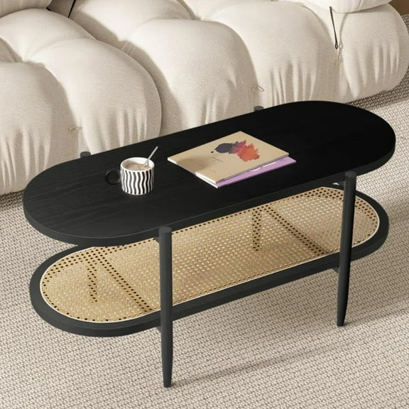 Oval Wood Coffee Table with Storage, Modern 2-Tier Wood Coffee Table with Open Rattan Storage, Rattan Center Table for Apartment, Living Room, Meeting Room,Cafe