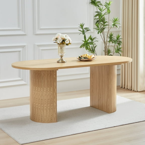 Oval Wood Dining Table with Semi-circular legs, Modern Large Kitchen Dining Room Table with Wooden Strip Base for Rustic Farmhouse, Meeting Room Reception Room,Tightly (Natural)