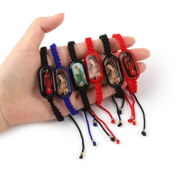 Oval Wood Dripping Virgin Mary Woven Bracelet