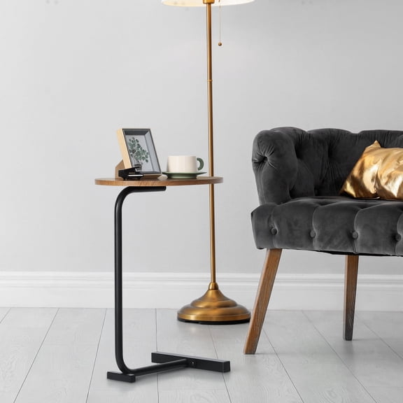 Oval Wood Grain C-Shape Side Table, Slim Sofa End Table with Black Metal Frame for Living Room, Bedroom