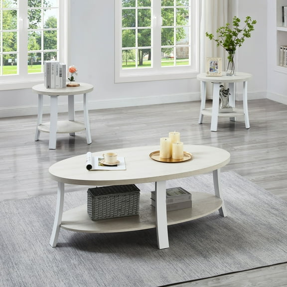 Oval Wood Shelf 3 Coffee Table - White Color, For Home Decor Finish, Living Room Style