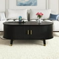 thumbnail image 1 of Oval Wooden Coffee Table with Charging Station, Mid-Century Center Table with Compartment, Cocktail Table with Sliding Tambour Door for Living Room, Black, 1 of 11