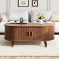 thumbnail image 1 of Oval Wooden Coffee Table with Charging Station, Mid-Century Center Table with Compartment, Cocktail Table with Sliding Tambour Door for Living Room, Walnut, 1 of 11