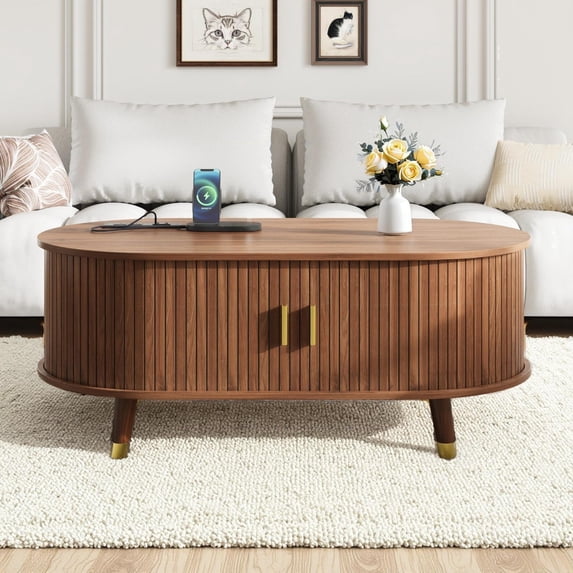 Oval Wooden Coffee Table with Charging Station, Mid-Century Center Table with Compartment, Cocktail Table with Sliding Tambour Door for Living Room, Walnut