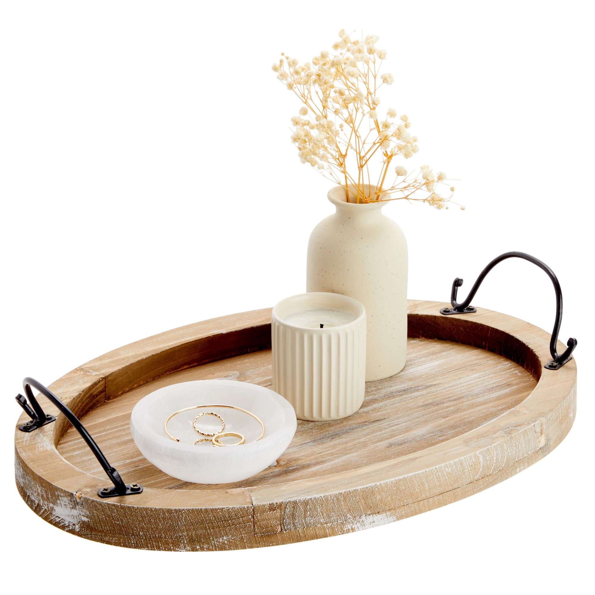 Oval Wooden Serving Tray with Handles, Decorative Platter for Coffee Table,  Living Room (15.75 x 10.8 x 1.25 In)