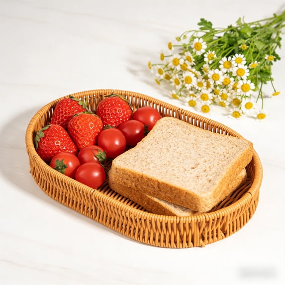 Oval Woven Storage Basket, Plastic Imitation Rattan Basket, Multipurpose Organizer Tray, Kitchen Counter Decor, 16x12 Inches, Farmhouse Style