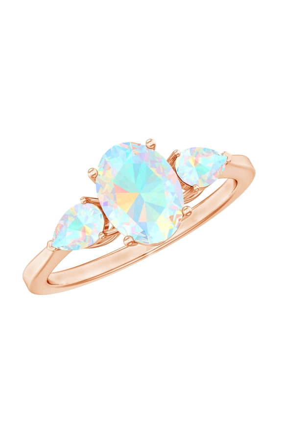 Oval and Pear Cut Ethiopian Opal Ring, Three Stone Ring - AAA Quality, 10K Rose Gold, US 10.00