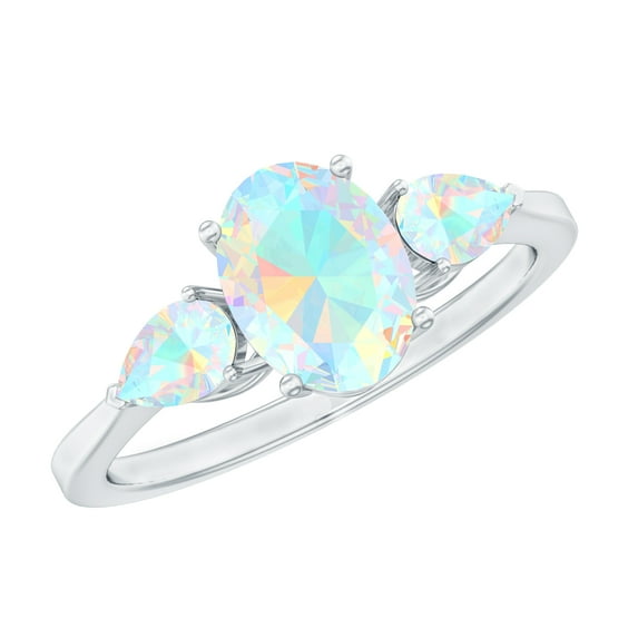 Rosec Jewels Oval and Pear Cut Ethiopian Opal Ring, Three Stone Ring - AAA Quality, 10K White Gold, US 9.50