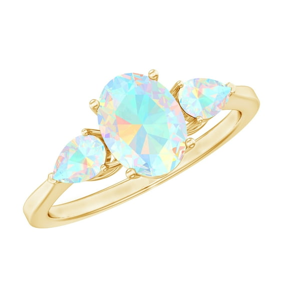 Rosec Jewels Oval and Pear Cut Ethiopian Opal Ring, Three Stone Ring - AAA Quality, 14K Yellow Gold, US 7.00