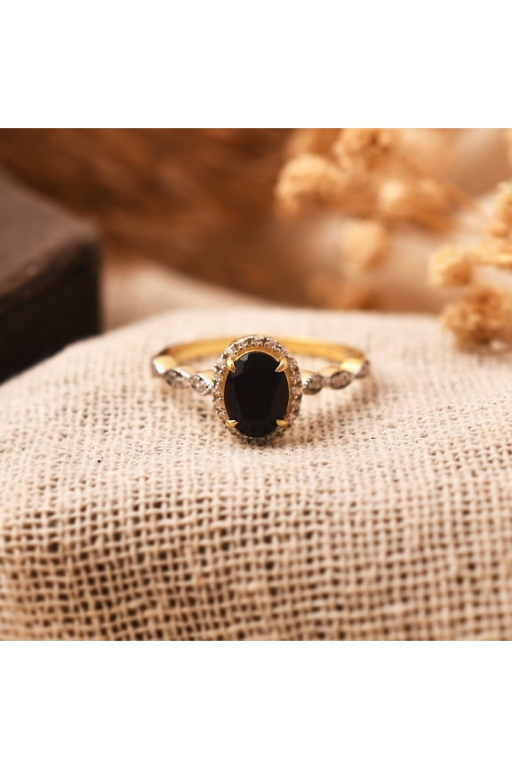 Oval cut Black onyx engagement ring Unique gold engagement ring woman Antique Diamond wedding ring Bridal Promise Anniversary ring